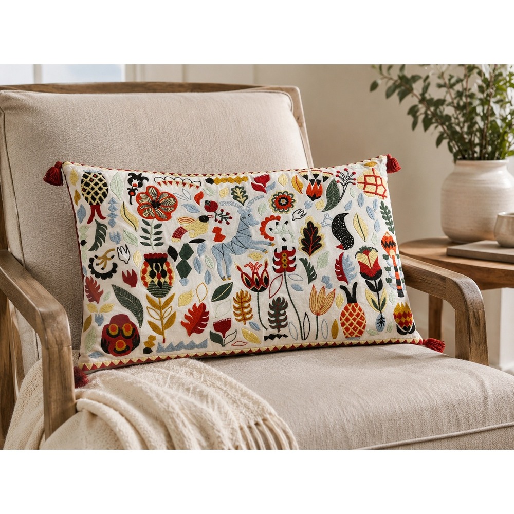 Anthropologie Lumbar Pillow Cover White Multi Otomi Embroidered Tassels Button